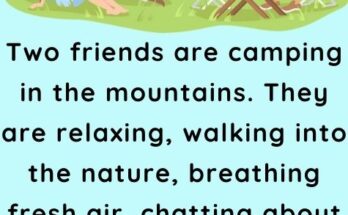 Two friends are camping in the mountains