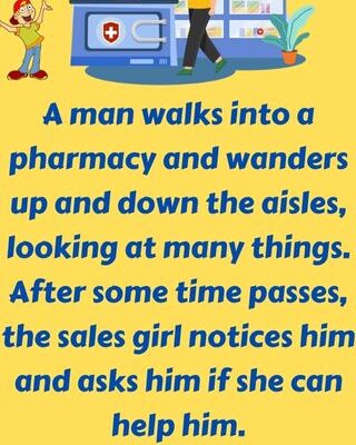 A man walks into a pharmacy and wanders up